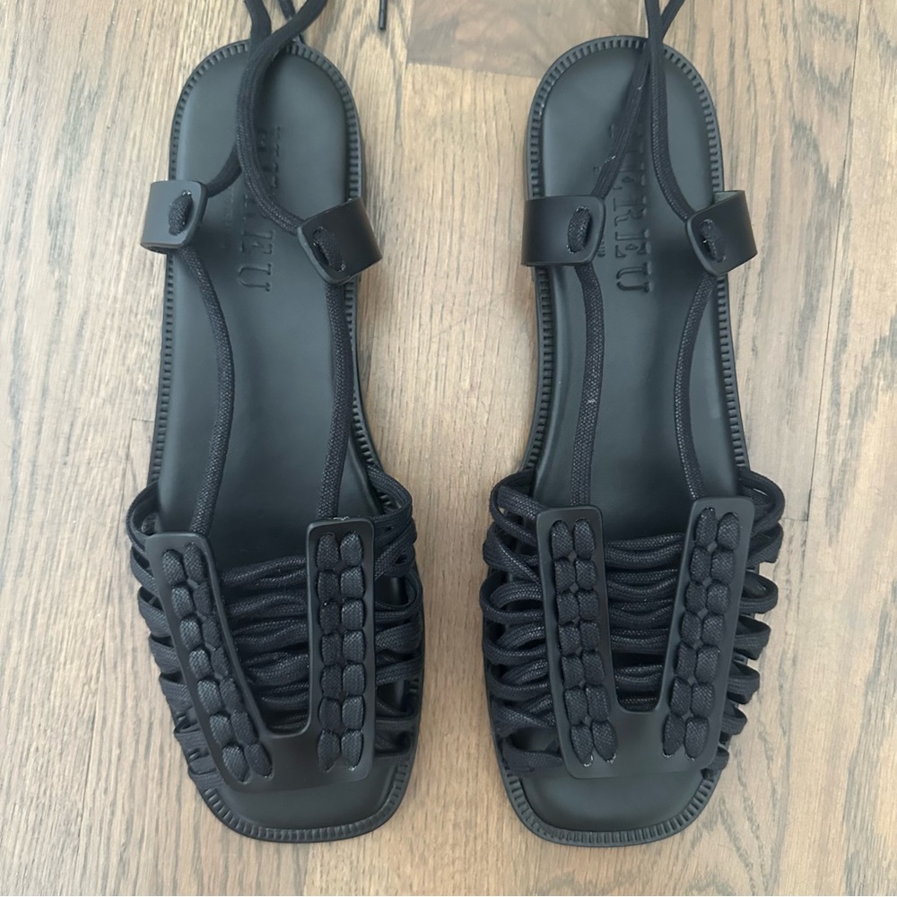 NWT Hereu Women's Consell Ankle Tie Calf Leather Sandal Black Size EU 41 US 10.5